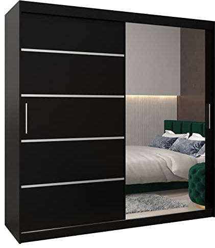 MEBLE KRYSPOL Kleiderschrank mit Spiegel Verona 2 - Garderobenschrank - Schrank Schlafzimmer - Mehrzweckschrank Zwei Schiebetüren - Regalen - Flur Möbel - Kleiderstange Schrank - Allzweckschrank