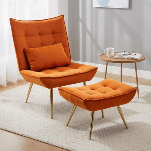 chairus Loungesessel Wohnzimmer Samt Relaxsessel mit Hocker Polsteressel für Schlafzimmer Einzelsessel mit Metallbeine (Orange)