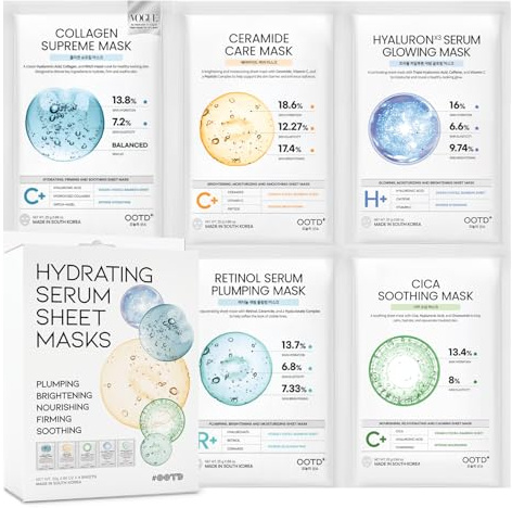 #OOTD Korean Face Sheet Mask Kit, Collagen, Cica, Ceramide, Retinol, 5-Pack