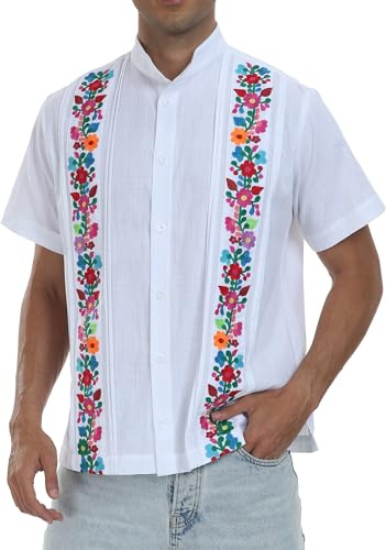YZXDORWJ Men's Mexican Embroidered Shirt Traditional Floral Fiesta Shirt Peasant Guayabera Shirt for Men (L, M02-W)