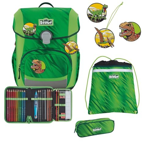 SCOUT Schulranzen Basic Neo Set 4-teilig Dino Rex grün