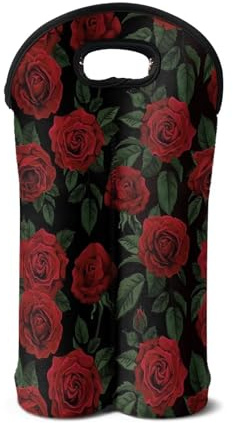 SEANATIVE Vntage Red Rose Print Wine Bottle Carrier Portable Neoprene Wine Cooler Tote Bag for Champagne and Water Bottles