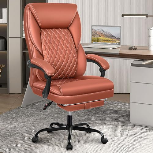 BestEra Chefsessel, großer und hoher ergonomischer Bürostuhl aus Leder, hohe Rückenlehne, Schreibtischstühle mit Fußstütze, Lendenwirbelstütze, Computer-Drehstuhl mit Schaukelfunktion, Braun