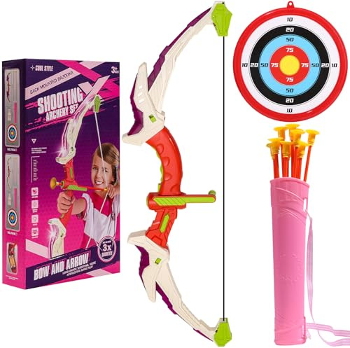 Båge och pil för barn, leksaksset med LED, 10 pilar med sugkoppar, mål och koger, träningsleksak för inomhus- och utomhusbruk för pojkar och flickor (rosa)