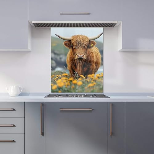 Premium Highland Cow By The Coast Kitchen Splashback 6mm Toughened Glass Kitchen Splashback – Heat Resistant Splashback for Kitchens, Perfect for Cookers and Hobs, Polished Edges