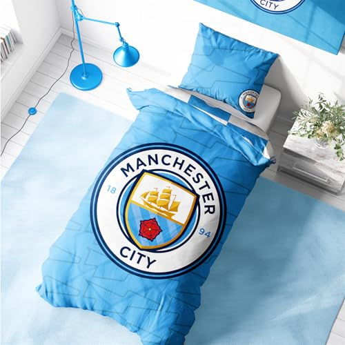 Character World Parure de lit Manchester City - Housse de couette et taie d'oreiller assortie - Bleu réversible 2 côtés - Design légendaire - Linge de lit officiel de football