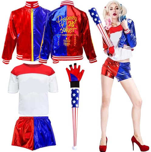 Amazluck Quin-n Kostüm für Erwachsene Damen, Bösewicht Halloween Cosplay Kostüm Kit Mit Jacke T-Shirt Shorts Handschuh Aufblasbarer Baseballschläger Joker für Karneval Halloween Damen Karneval