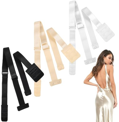 3 Pairs Low Back Bra Converter Bra Extenders 2 Hook, Invisible Bra Straps Bra Low Back Bra Extender Bra Strap Extender Low Back, Adjustable Dress Straps for Strapless Dress Black Beige White, 2 Hooks