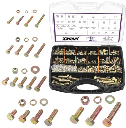 Swpeet 1045Pcs 20 Tailles M4 M5 M6 M8 M10 Boulons Hexagonaux Plaqués en Zinc Coloré Avec écrous et Kits d'assortiment de Plates/Verrouillages, Boulons Métriques de Grade 8.8 Lourds et Kits