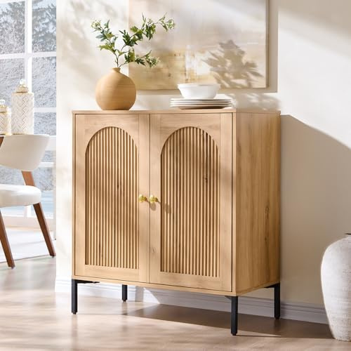 IFGET Modern Buffet Cabinet with Storage, 34 Tall Fluted Arched Sideboard Cabinet w/Adjustable Shelves, Wooden Modular Coffee Bar for Dining Room, Kitchen, Living Room, Entryway, Natural