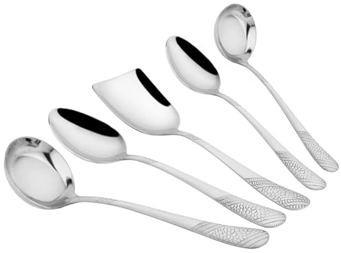 Stainless Steel Serving Spoon Set, 5 Pieces for Dining Table and Kitchen, 1.8mm Heavy Gauge with Decorative Handle, Silver, Includes 2 Ladles, 2 Basting Spoons, 1 Turner (Set of 5)