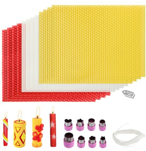 SUPAWAY 12 färgglada vaxplattor för ljus 20 x 15 cm bivax-ljustillverkningsset för ljus, gör-det-själv, set med former för barn, vuxna, gör-det-själv, jul, vaxkonst (4 x röd + 4 x gul + 4 x vit)
