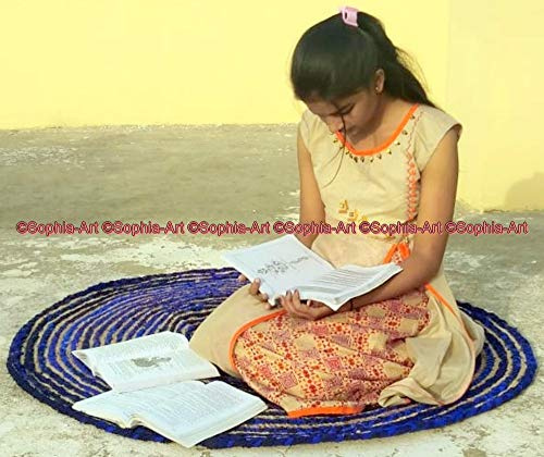 Chindi Rug Indian Bohemian Multi Colored Indian Handmade Braided Round Bohemian Boho Indian Mat Reversible Colorful Cotton Colorful Natural Jute Chindi Round Mat (Blau, 36 Zoll / 3 Fuß)