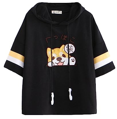 Kawaii-t-tröjor för kvinnor, söt valp, broderad tröja, tröja, t-shirts, kortärmad t-shirt, blus, Svart, en storlek
