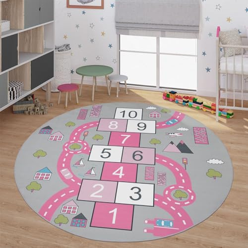 TT Home Kinder-Teppich, Spielteppich Für Kinderzimmer Straßen-Look, Hüpfkästchen, Rosa, Größe:Ø 160 cm Rund