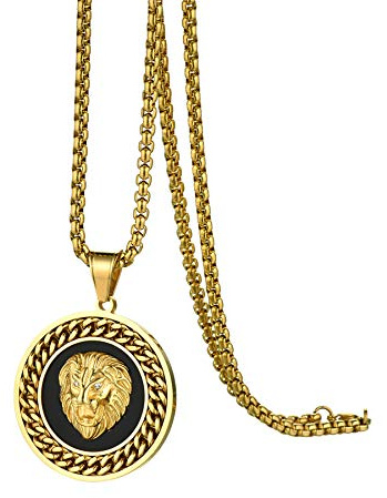 Flongo - Collar personalizado para hombre, motociclista, collar retro pesado, colgante redondo, cabeza de león, dorado, compuesto de circón, cadena de joyería, fantasía, regalos de cumpleaños,