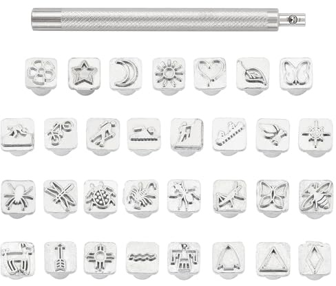 PandaHall 32 STK. Edelstahl Lederhandwerk Metall Insekt Themenstempel Stanzset Werkzeug Mit 1 STK. Griff Für Leder Bastelgürteltasche Basteln DIY Schmuck Markierung
