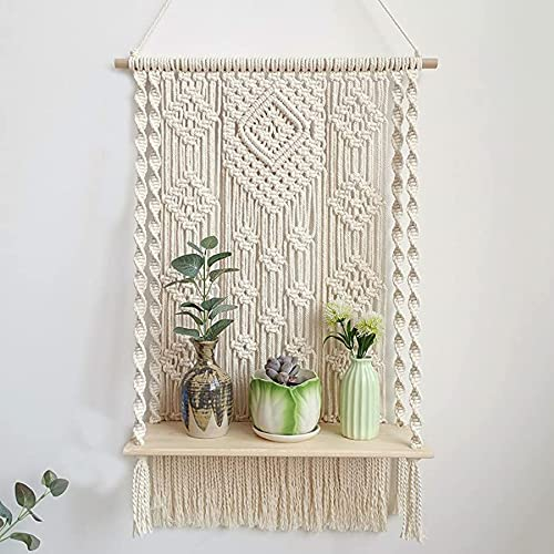 Redsa 80x50x15cm Makramee Wandbehang Regal Cremeweiß Hängende Übertopf Decke mit Holzperlen Baumwolle Dekorativer Blumentopf Halter für Wand Home Display Decor