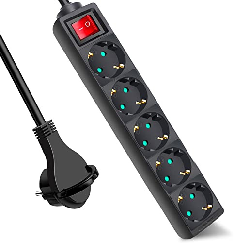 EXTRASTAR 5 Fach Flachstecker Steckdosenleiste mit Schalter, 1.5m Kabel | Mehrfachsteckdose Flacher Stecker mit Kindersicherung, 3G1.5mm², 16A, 3680W für Zuhause, Büro, Schwarz