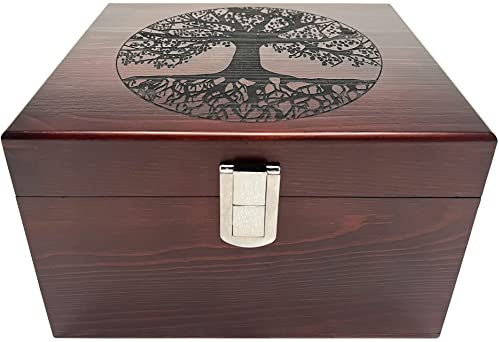 Blake & Lake Tree of Life Large Wooden Decorative Box - Wooden Keepsake Box with Hinged Lid and Metal Latch Wood Storage Boxes with Lid Engraved Design (Dark Pine Wood)