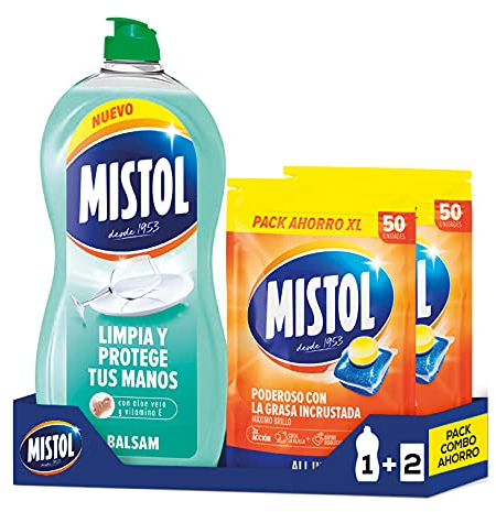 Mistol Pack Combo Ahorro - Mistol Aloe Vera Balsam 950 ml + 100 Pastillas Lavavajillas. Limpia, desengrasa, desincrusta y abrillanta, dejando tu vajilla como nueva.