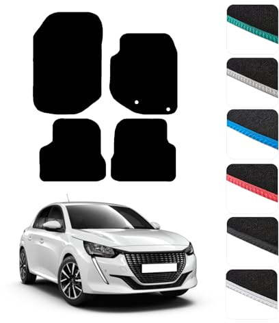 GCM - Car Floor Mats for Peugeot 208 2020 To 2024 (Not Fit Electric & Hybrid) Full Floor Protection - Anti Slip Car Mat with Clips Easy to Clean Car Carpet for All-Weather- Green Edging, Carpet