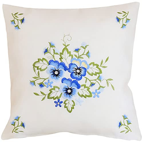 matches21 Kissenbezug Kissenhülle Heimtextilien Stiefmütterchen Blumen Frühling weiß Stickerei blau 1 STK 40x40 cm Polyester