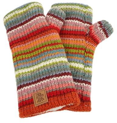 Pachamama Women Wool Hand Warmers Sherpa Fleece Lined Handknitted Multicoloured Stripe One-Size Handmade Extra Warm Fair Trade