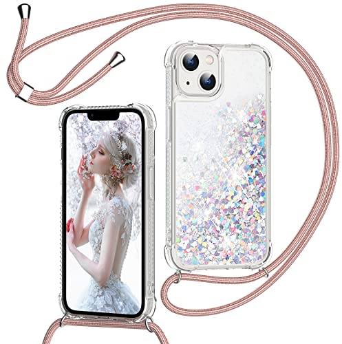 TUUTPU Handyband für iPhone 14 6,1'' Hülle mit Band, Glitzer Treibsand Handyhülle mit Kordel zum Umhängen Transparent Stoßfest Schutzhülle mit Kette Schnur, Quicksand Necklace Case in Roségold