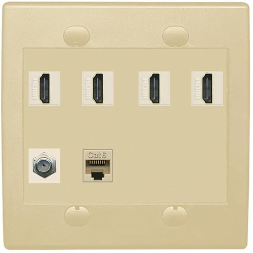 RiteAV Cavo coassiale HDMI a 4 porte, 1 cavo coassiale, piastra da parete Ethernet tipo F 1 Cat6, 2 bande piatte, avorio/avorio