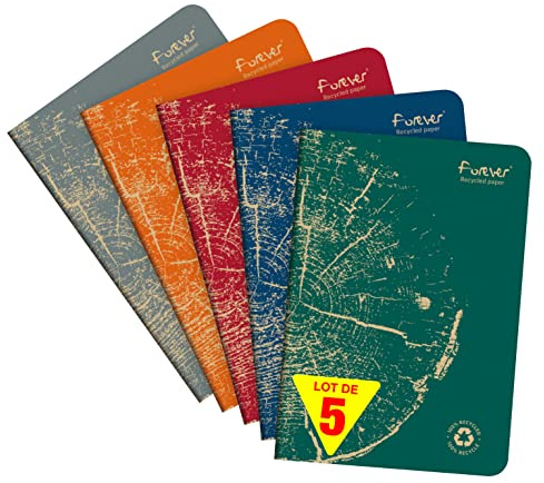 Clairefontaine 68482C - Packung mit 5 Notizheften FOREVER Premium 14,8x21cm, 90g Recycling Papier, 48 Blatt, kariert, farbig sortiert, 1 Pack