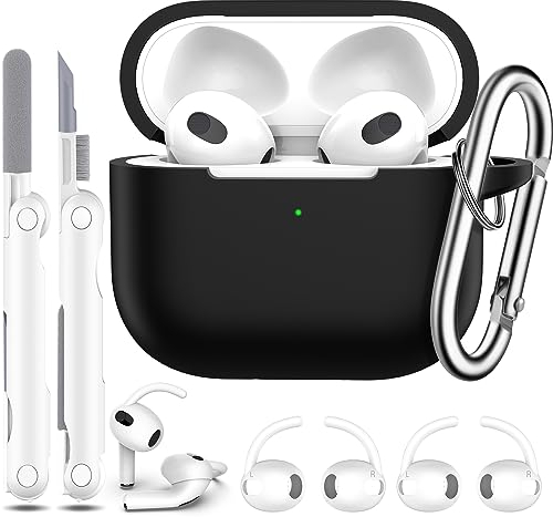 R-fun Compatible avec AirPods 3rd Generation 2021 Charging Case Cover, Soft Silicone Protective Case Compatible with Apple Airpod 3 Gen with Cleaner Kit & Keychain,Noir