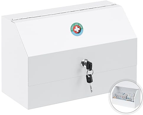 KYODOLED Wall Mount Medicine Lock Box, Drug Cabinet with Key, Large Capacity Secure Steel Prescription, First Aid Kit for Emergencies Home and School use, White, 12.2 * 5.9 * 7.87 inch