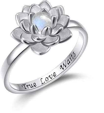 Mondstein Lotus Ring, Sterling Silber True Love Waits Graviertes Lotus Blume Fidget Ring Natürlicher Heilender Buddha Spiritueller Yoga Lotusblüte Schmuck Geschenke für Frauen