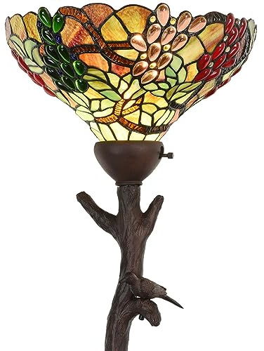 Bieye L30768 Lampada da terra in vetro colorato in stile Tiffany con paralume da 14 pollici, base a forma di uccello su ramo, altezza 70,5 pollici