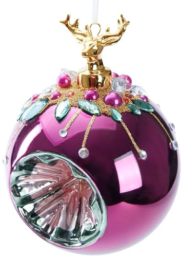BRUBAKER Premium Weihnachtskugel Rot mit Hirsch Figur - 10 cm Christbaumschmuck mit Perlen Dekorationen - Von Hand dekorierte Baumkugel aus Glas - Weihnachtsdeko Christbaumkugel