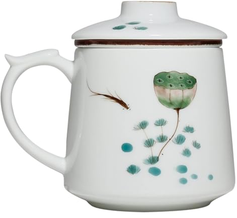 KUKUUU Taza infusora de té, taza de té de 400 ml, tazas de té de loto de cerámica pintadas a mano, taza de té de cerámica con infusión de hojas sueltas y tapa, regalos para amantes del té para mujeres