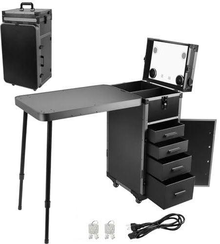EBANKU Table de Manucure Roulante Station de Manucure Pliable Mallette de Train de Maquillage Table de Manucure Professionnelle Portable avec Tiroirs/Miroir/Haut-Parleur Bluetooth pour