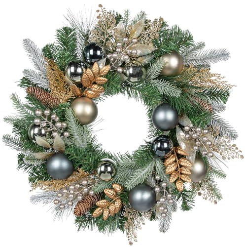Hollyone Weihnachtskranz Türkranz für Weihnachten, Ø 60CM künstliche Kränze für Haustür mit Weihnachtskugeln, Beeren, Tannenzapfen und Nadeln, Dekokranz für Advent Haus Wand Feiertagsdekoration