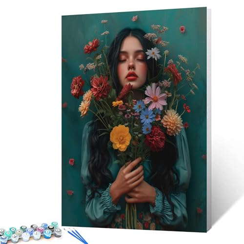Schönes Mädchen mit Blumen, digitales Malen-nach-Zahlen-Set für Erwachsene, exquisites Portrait, Anfänger-Acryl-Ölgemälde-Set, Wanddekoration, Geschenk, 40,6 x 50,8 cm (rahmenlos)