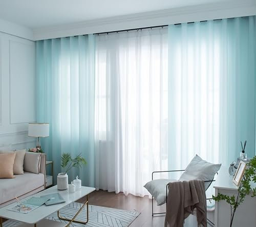 Daesar Vorhänge Halbtransparent Leinen mit Ösen 107x132CM, Azurblau Vorhänge 2er Set Einfarbig Modern Vorhänge Lichtdurchlässig Schlafzimmer Wohnzimmer Küche