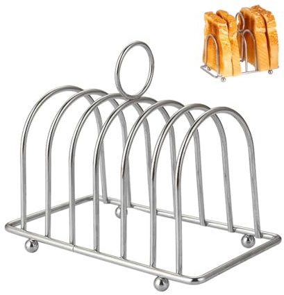 LAWALEISHE Chrome 6 Compartment Toast Bread Rack, Cooling Holder with Easy Carry Handle and Non-Slip Ball Feet, Stainless Steel Bread Slices Organizer for Kitchen Counter