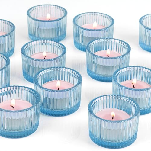 HofferRuffer 12er-Set Teelichthalter, Kerzenhalter aus Glas für Teelichter, Votivkerzenhalter für Hochzeit, Weihnachten, Tischdekoration(Blau)