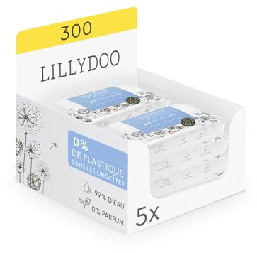 Toallitas húmedas para bebés LILLYDOO con un 99% de agua, 5 paquetes de 60 (300 unidades), 100% libres de plástico sin perfumes y tan suave como el algodón y el agua