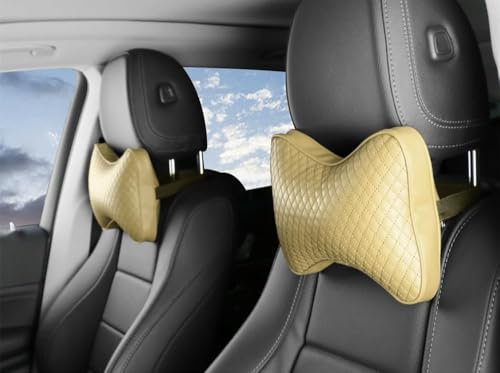 HANLBW 2 Stück Auto-Kopfstützenkissen für KIA Soul EV 2015 2016 2017 2018 2019, Nackenstützkissen aus Leder fürs Auto, ergonomisches Kissen zum Autofahren,Beige