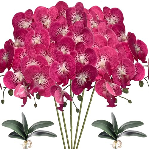 HinyoCo 5 Künstliche Phalaenopsis-Blumen,80 cm Künstliche Orchidee mit Künstliche Orchidee Blätter 2 Bündeln, Party, Büro, Terrasse, Hof, Heim-Blumendekoration (Rosenrote Flecken)