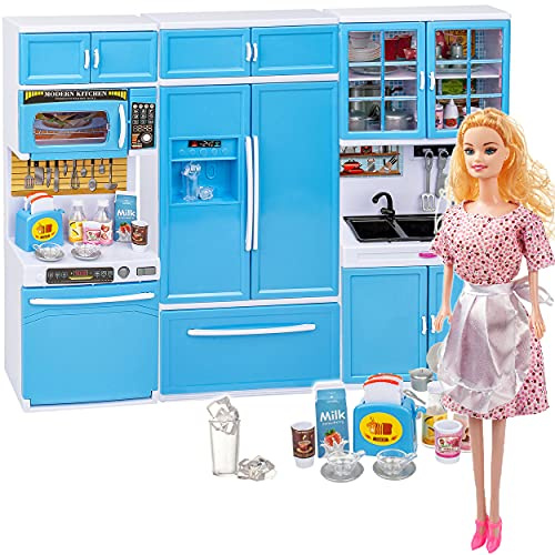 alles-meine.de GmbH Puppenhaus Möbel + Puppe - Sound & Licht - 31 cm groß - Geschirrspüler + Mikrowelle + großer Kühlschrank/Küchenschrank + Spüle - mit Zubehör - Miniatur Pupp..