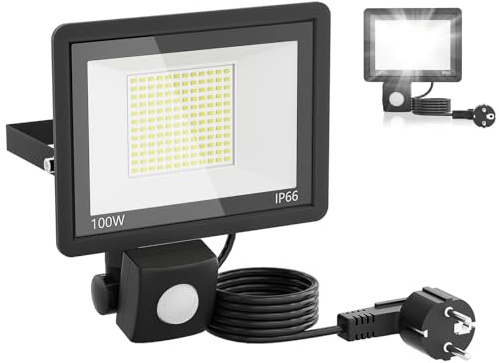 UISEBRT Led Strahler mit Bewegungsmelder Außen,100W 220V Außenlampe,Außenstrahler aus Aluminium-Druckguß,Gehärtetes Glas,Fluter Licht für Garten,Terrasse,Garage,Hof,IP66 (Mit Stecker, Kaltweiß)