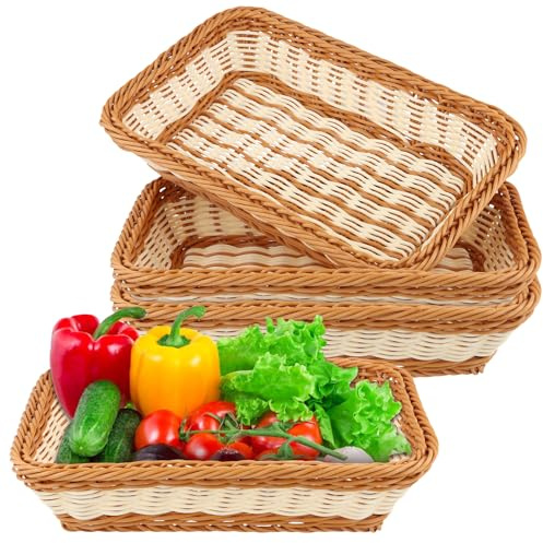 SENJEOK 4 PCS Rectangular Poly Wicker Food Basket, Rattan Woven Serving Basket for Breads, Vegetables, Fruits, 30 x 20 x 7cm