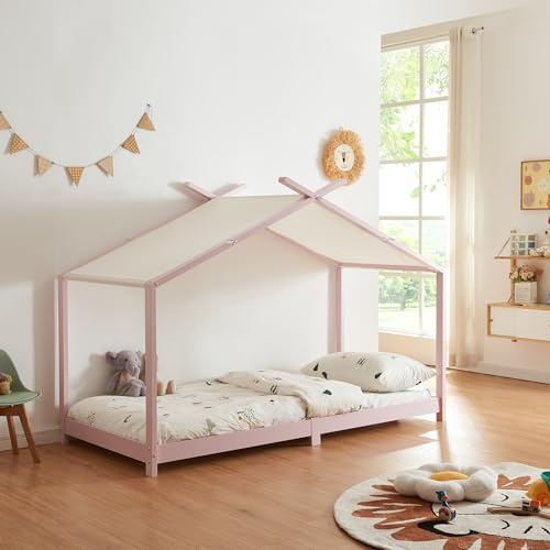 [en.casa] Barnsäng, brome, hussäng, 90 x 200 cm, ungdomssäng, sänghus, leksäng med ribbotten och avtagbart tygtak, Montessori, säng av massiv furu, sängram, trä, rosa